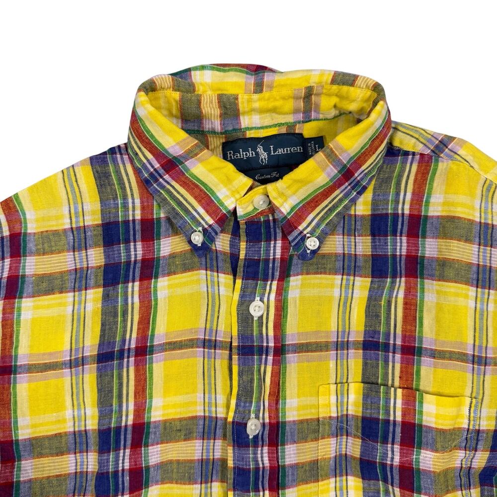Ralph Lauren Custom Fit Shirt Mens Large Yellow Plaid Button Up Long Sleeve